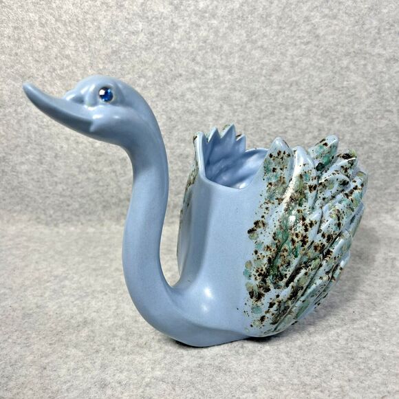 Vintage MCM Swan Planter‎ 1974 Blue Speckled Glaze Ceramic Handmade Vanity Decor - Picture 2 of 16